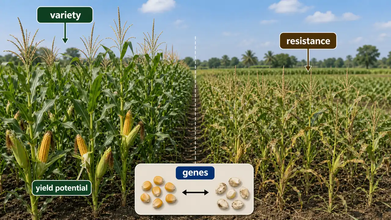 Genetic internal factors affecting crop production shown through two crop varieties with different resistance and yield potential under the same field conditions