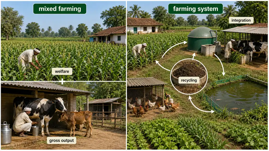 Mixed farming versus farming system comparison showing separate crop and livestock enterprises on one side and integrated recycling links on the other