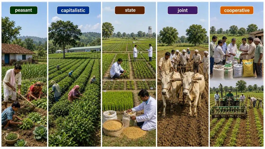 Farming systems by ownership shown through peasant capitalistic state joint and cooperative farming scenes