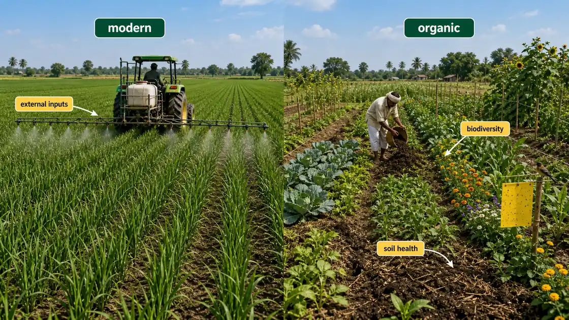 Modern versus organic agriculture shown through external inputs biodiversity and soil health in a realistic field comparison