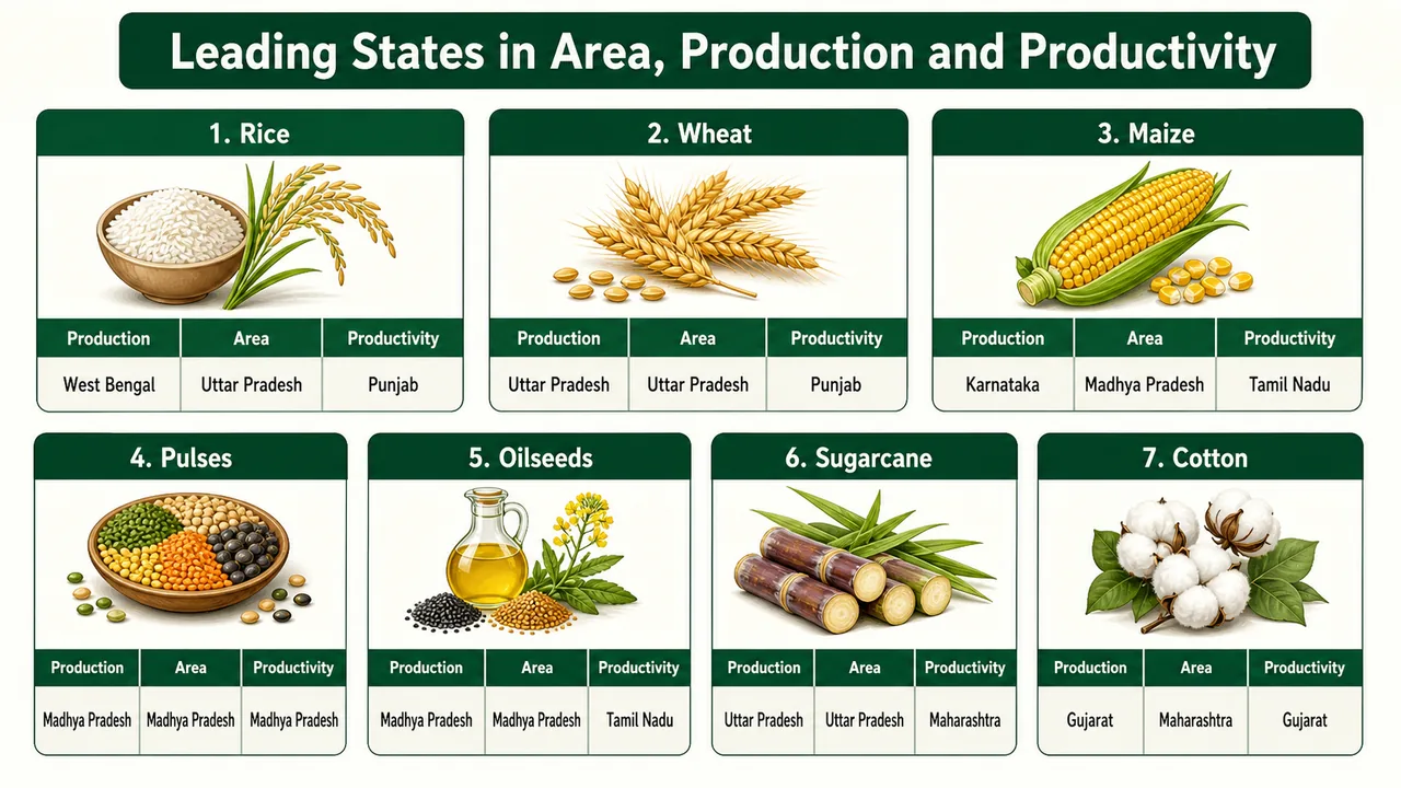 Crop-wise comparison board showing the leading Indian states in production, area, and productivity for rice, wheat, maize, pulses, oilseeds, sugarcane, and cotton