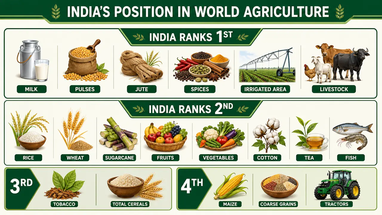 India's world agriculture ranking board showing commodities where India ranks first, second, third, and fourth globally