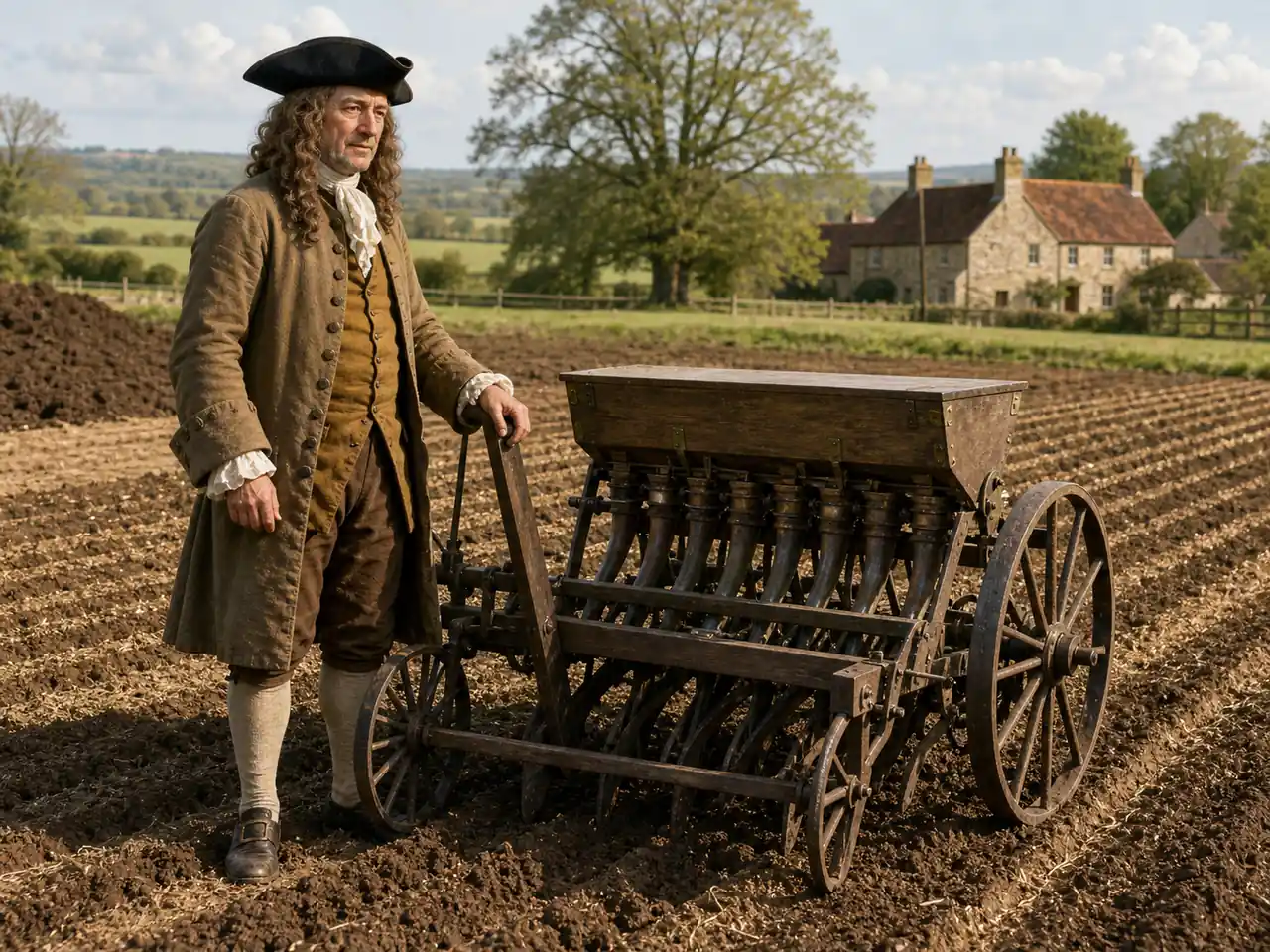 Jethro Tull with an early seed drill in a prepared field, illustrating the historical foundation of tillage in agronomy