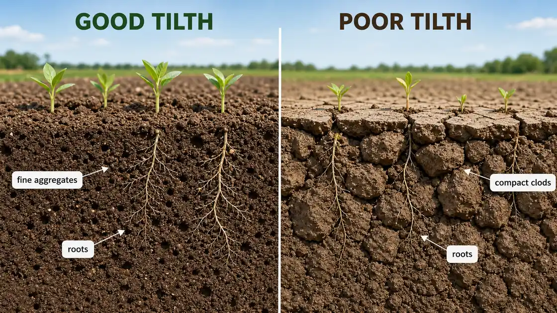 Good tilth versus poor tilth comparison showing friable soil, balanced pores, and root growth against compact cloddy soil