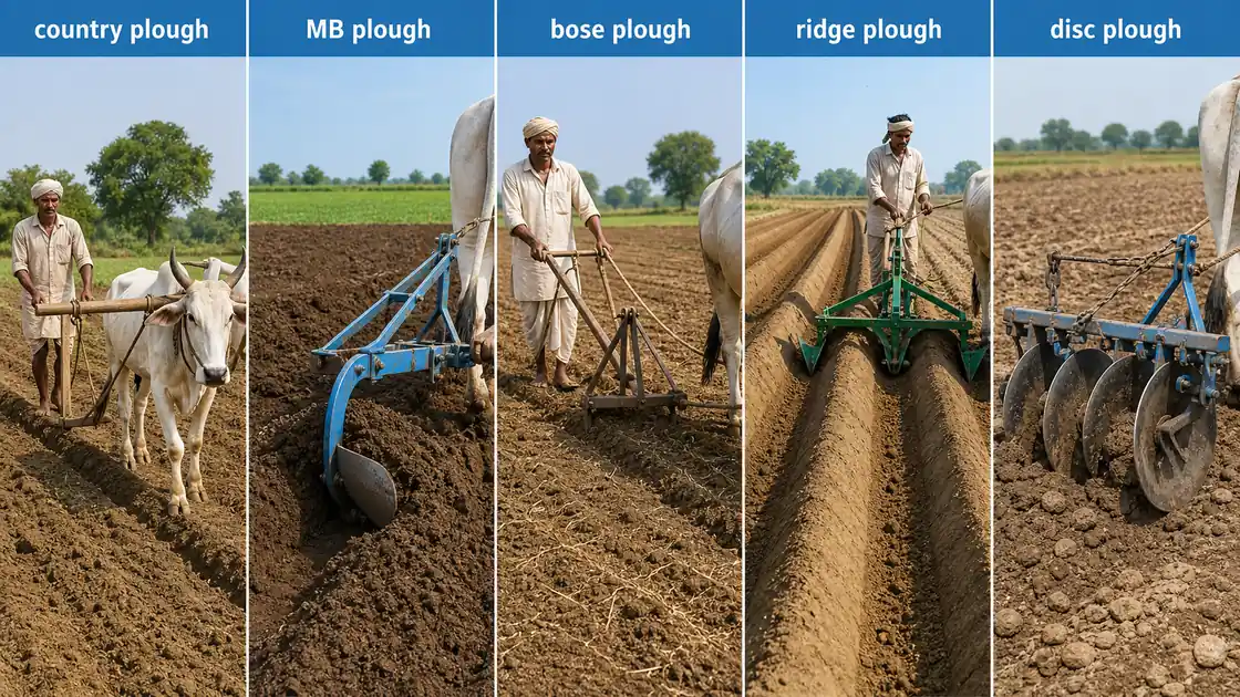 Primary tillage implements comparison showing country plough, mould board plough, bose plough, ridge plough, and disc plough in field use
