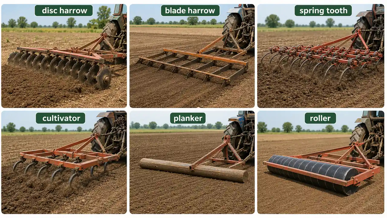 Secondary tillage implements board showing disc harrow, blade harrow, spring tooth harrow, cultivator, planker, and roller during seedbed preparation