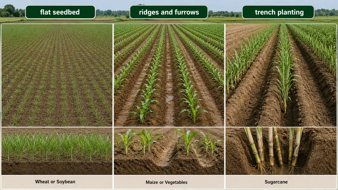 Seed bed layout comparison showing flat seedbed, ridges and furrows, and trench planting for different field crops