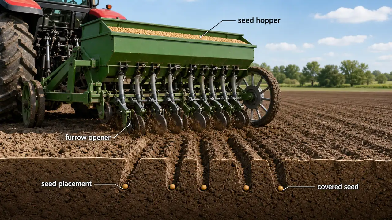 Seed drill placing seeds at uniform depth and spacing in furrow lines during field sowing