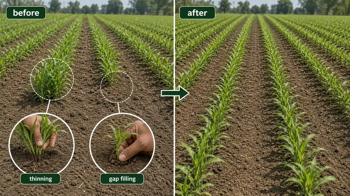 Before and after view of thinning and gap filling in a young crop stand to restore uniform spacing