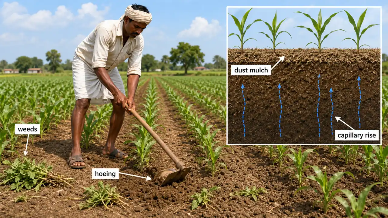 Weeding and hoeing in a standing crop showing weed removal and dust mulch breaking capillary rise