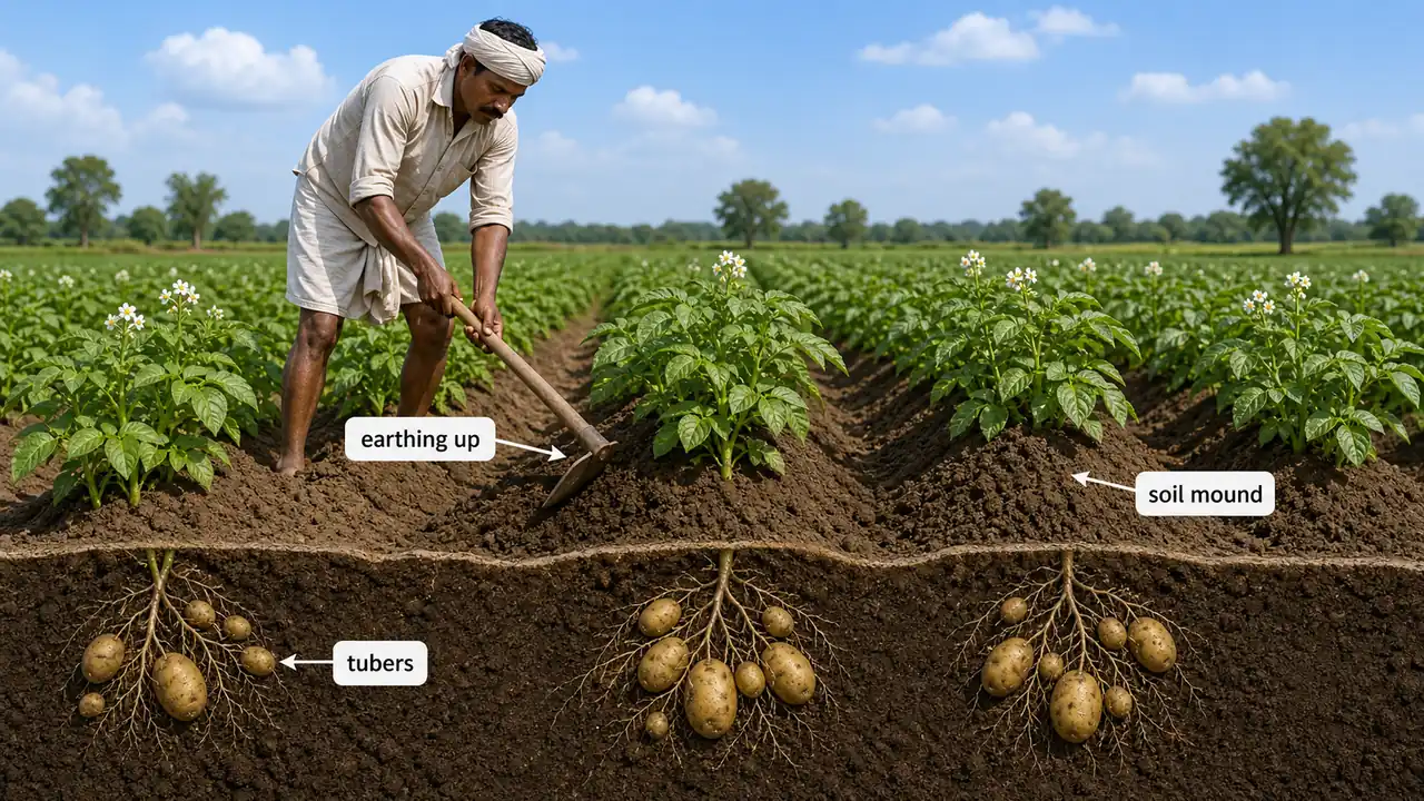 Earthing up in potato crop showing soil mounds around plants and protected tubers below the soil surface