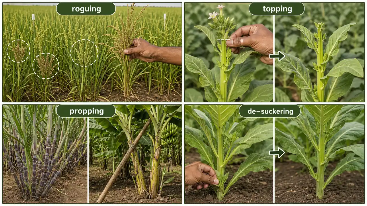 Other intercultivation practices comparison showing roguing, topping, propping, and de-suckering in field crops