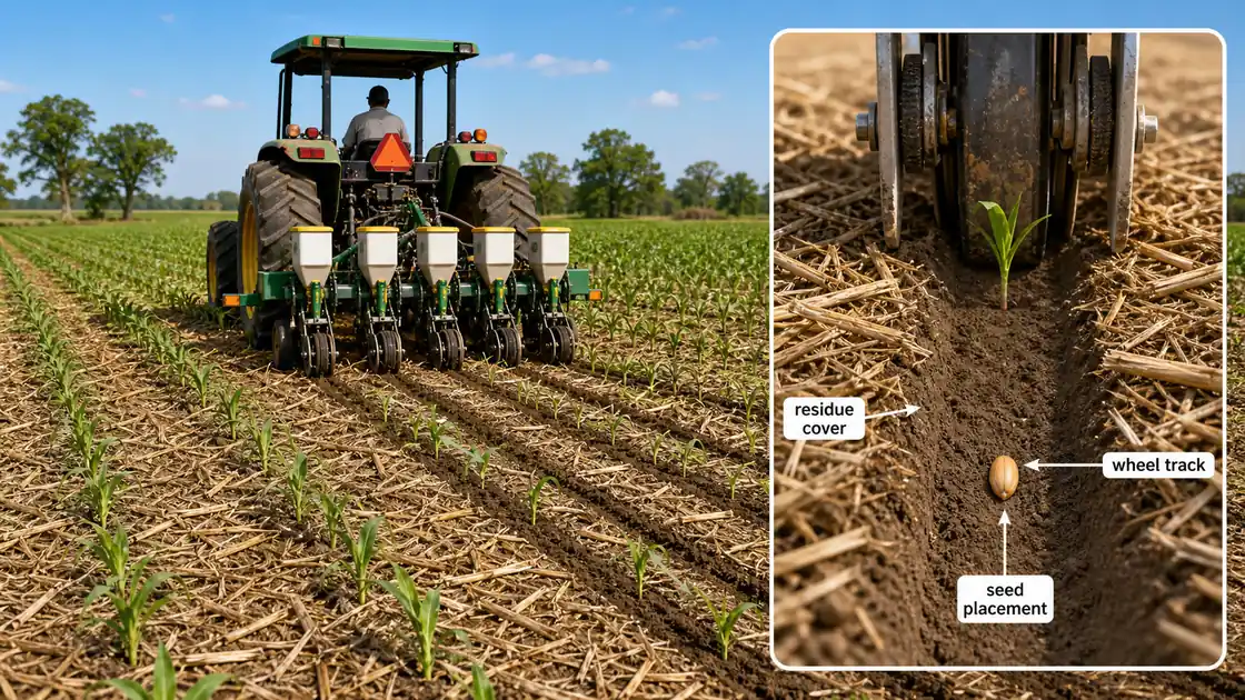 Minimum tillage field with residue cover and wheel track planting showing seed placement in a firm track
