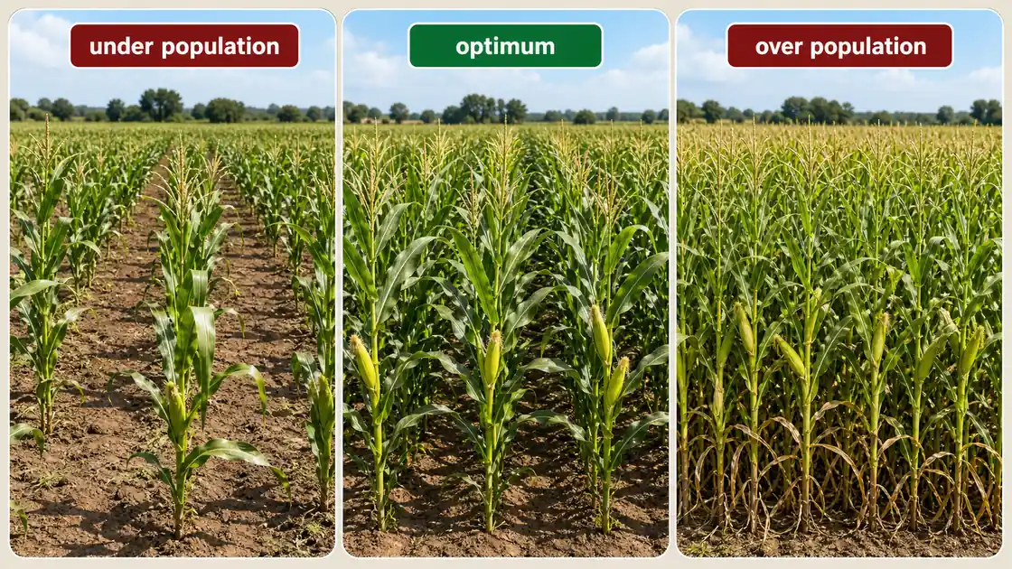 Under population, optimum population, and over population comparison in a maize field showing changes in crop stand and vigour