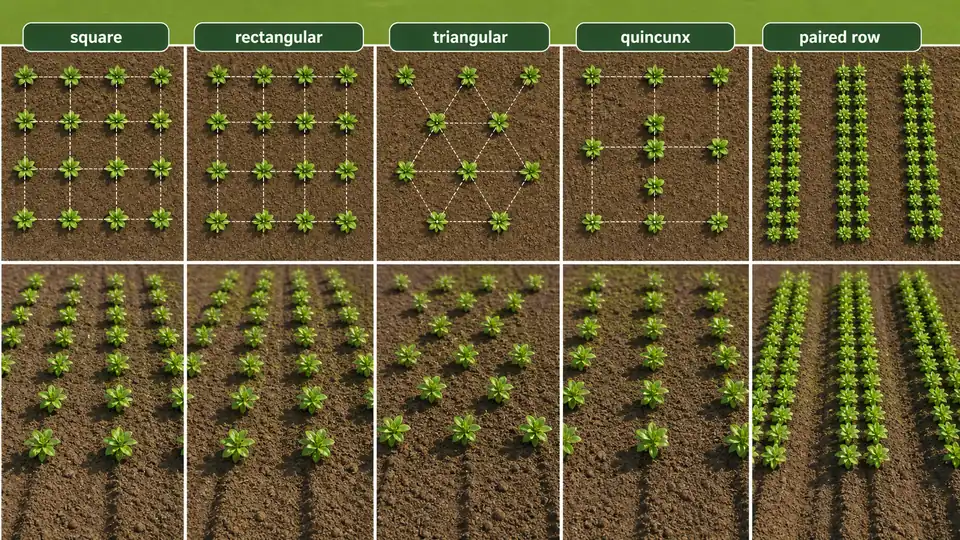 Plant geometry comparison showing square, rectangular, triangular, quincunx, and paired-row crop arrangements in top view