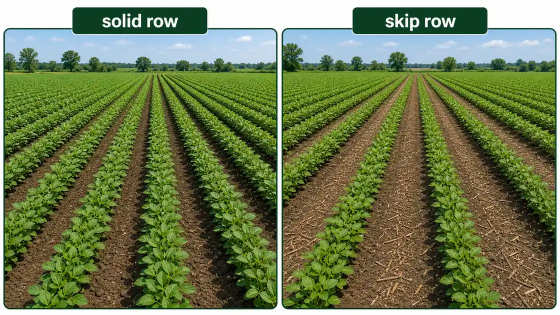 Solid row and skip row planting comparison showing continuous rows versus alternate open rows for dryland or intercrop use