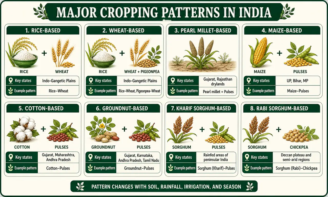 Comparison board showing major crop-based cropping patterns in India such as rice-based, wheat-based, maize-based, cotton-based, groundnut-based, and sorghum-based systems