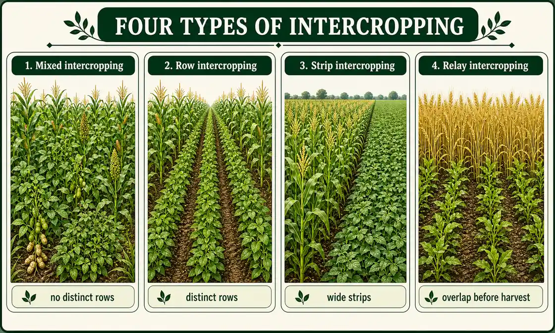 Four types of intercropping shown as mixed intercropping, row intercropping, strip intercropping, and relay intercropping in field layouts