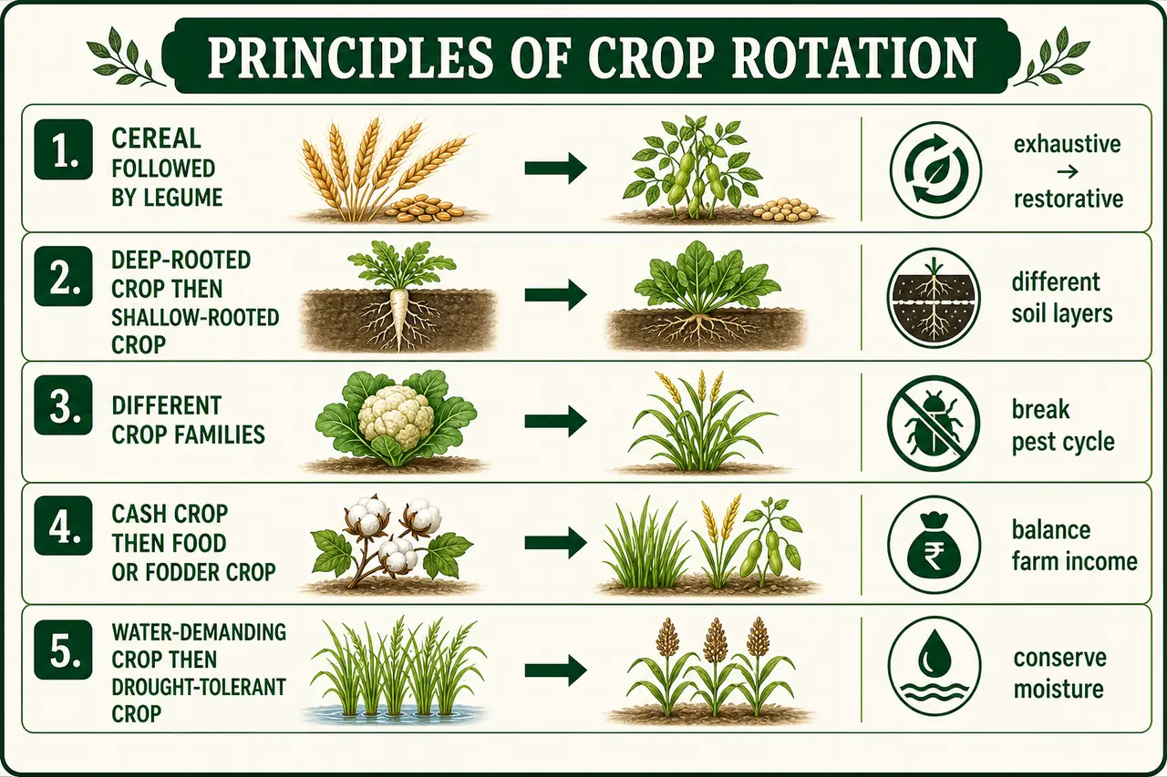 Principles of crop rotation board showing cereal to legume sequence, deep and shallow roots, different crop families, cash to fodder rotation, and water-demanding to drought-tolerant rotation