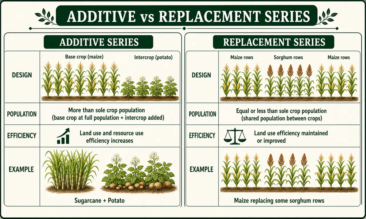 Additive versus replacement series comparison showing full base crop plus intercrop in additive design and shared combined population in replacement design