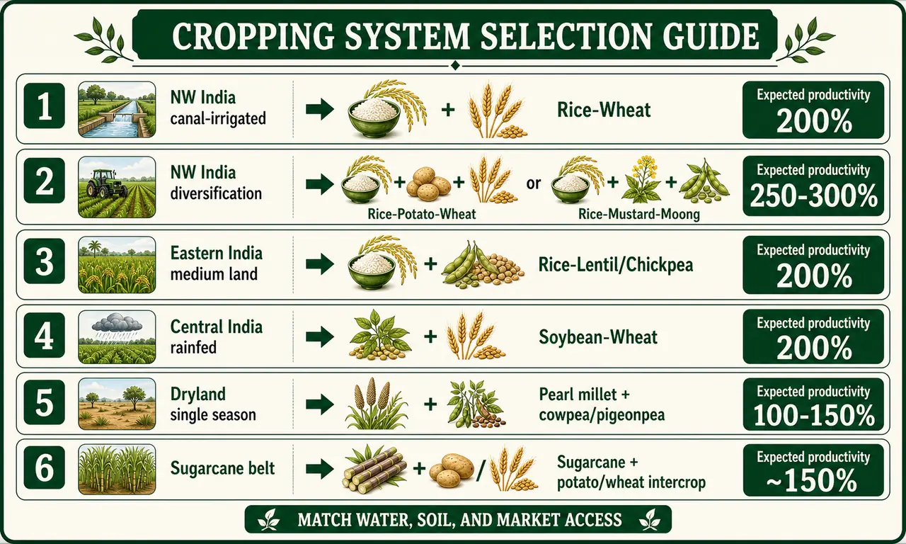 Cropping system selection guide showing recommended systems for canal-irrigated north-west India, diversified north-west India, eastern India, central India rainfed areas, dryland farming, and sugarcane belts