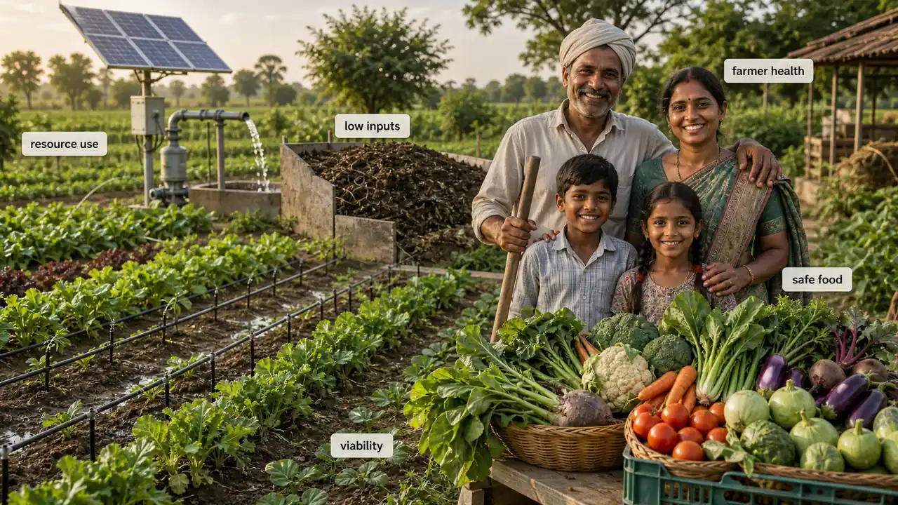 Sustainable agriculture objectives shown through efficient resource use, low external inputs, farmer health, economic viability, and safe food production