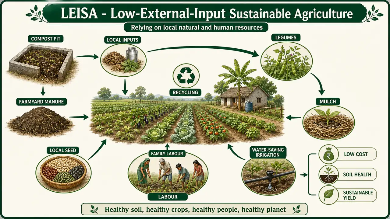 LEISA farm workflow showing compost, farmyard manure, local seed, legumes, mulch, family labour, water-saving irrigation, and recycling of local resources