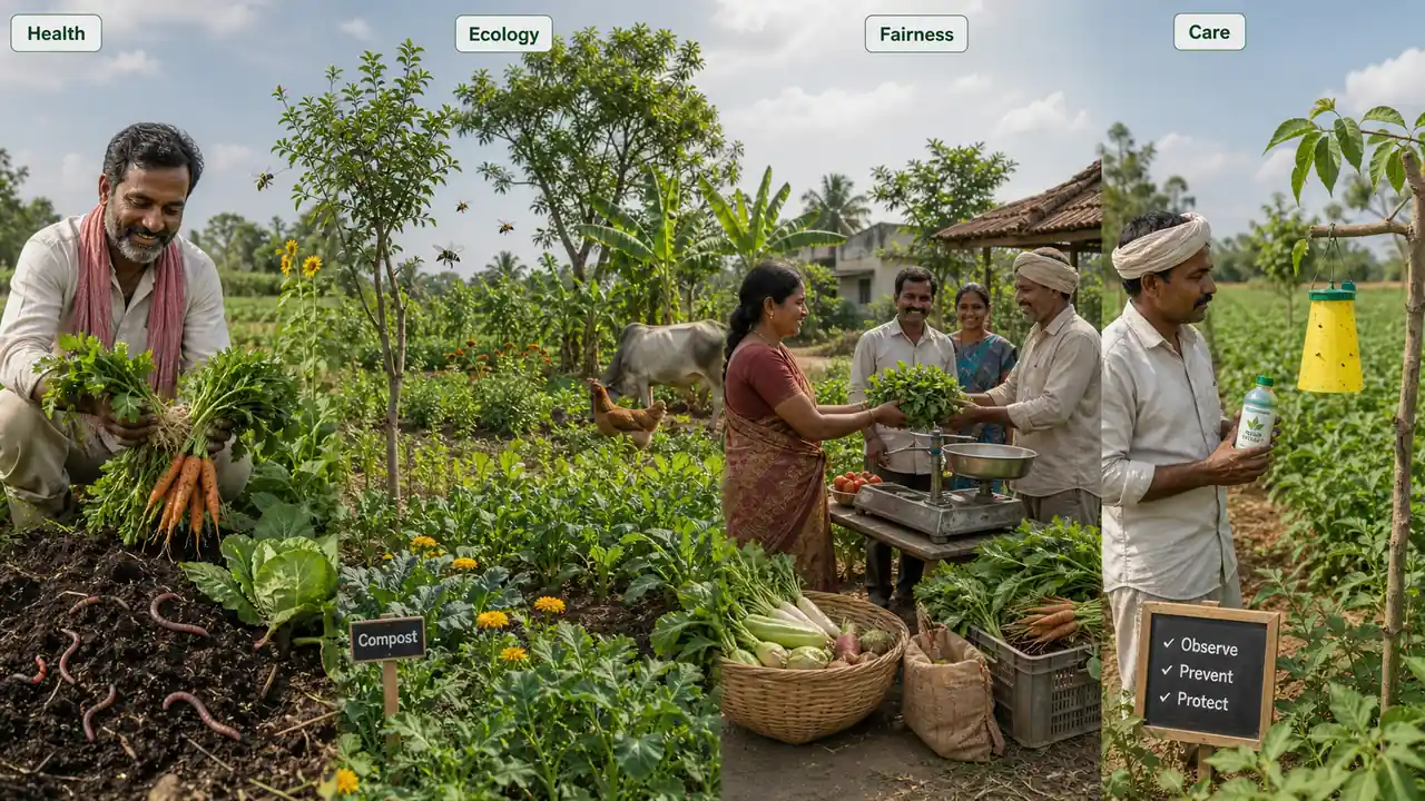 Organic farming principles shown through healthy soil, farm ecology, fair exchange, and precautionary care in an Indian farm setting