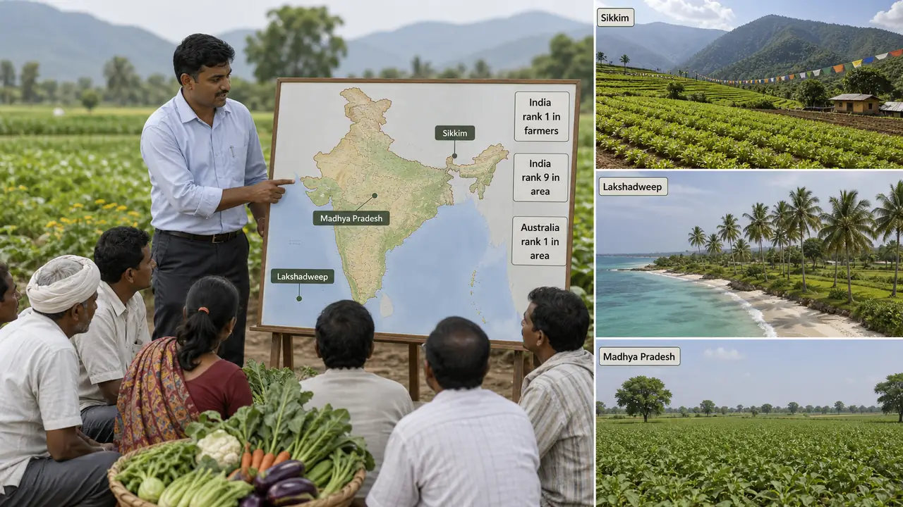 Organic farming area in India shown with Sikkim, Lakshadweep, Madhya Pradesh, and India's global organic farming ranks