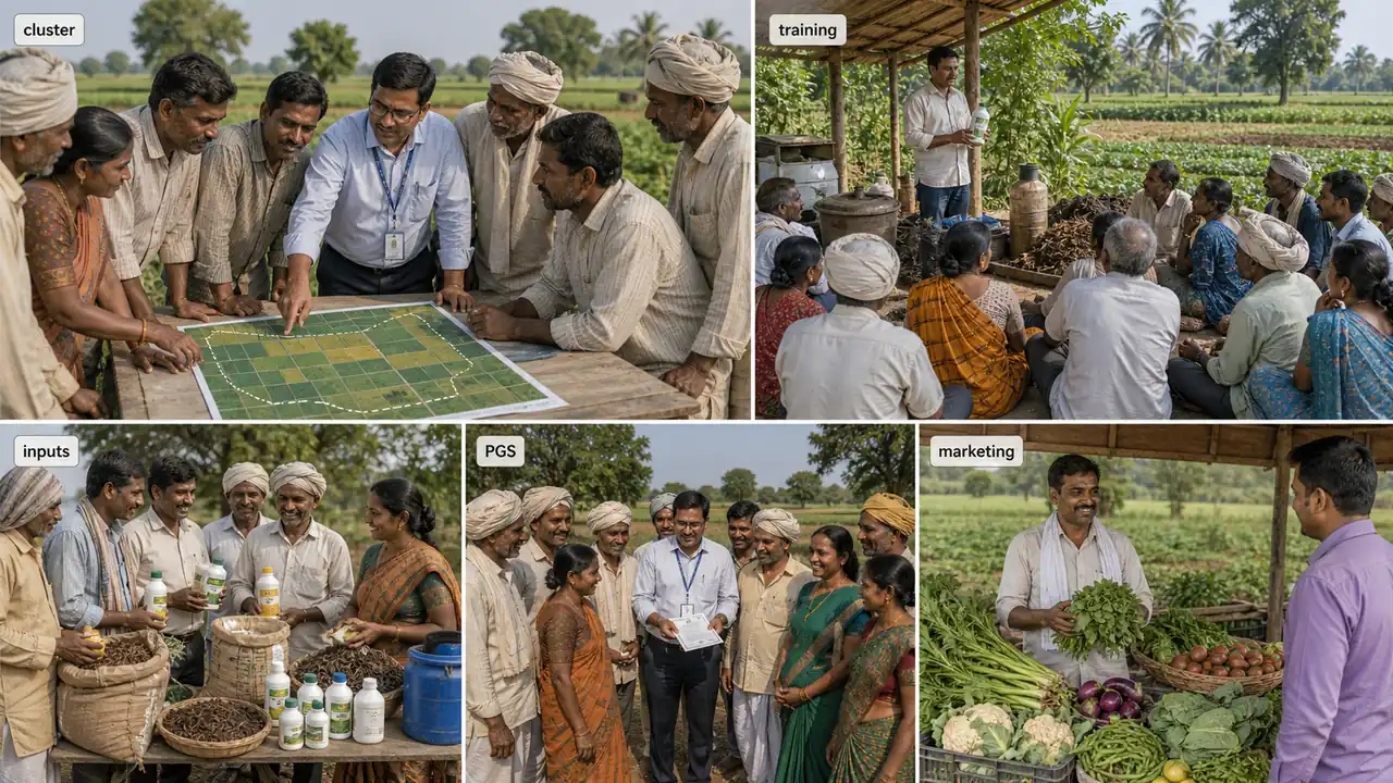 PKVY shown as a cluster-based organic farming scheme with farmer training, PGS group certification, organic inputs, and produce marketing