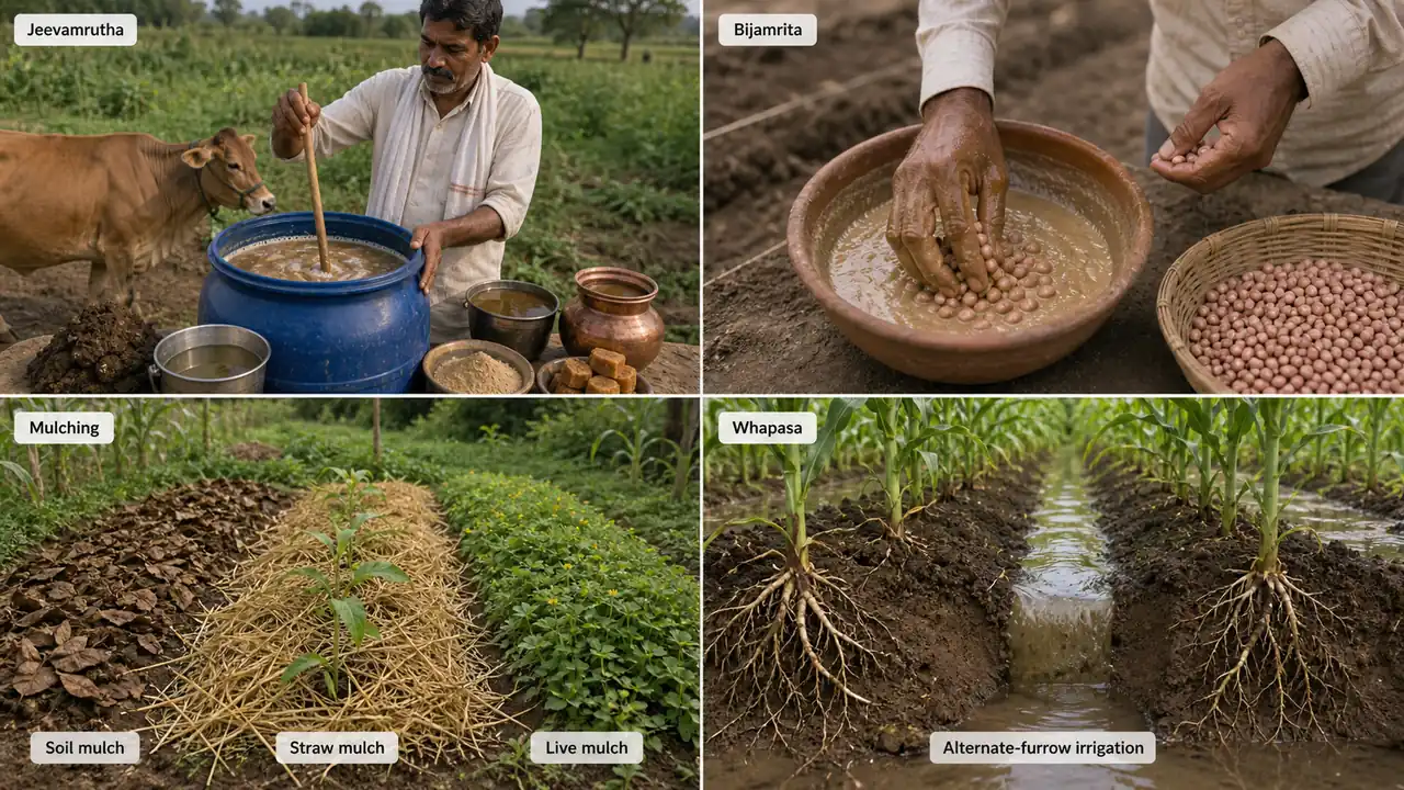 ZBNF core components shown through jeevamrutha preparation, bijamrita seed treatment, mulching types, and alternate-furrow irrigation for whapasa