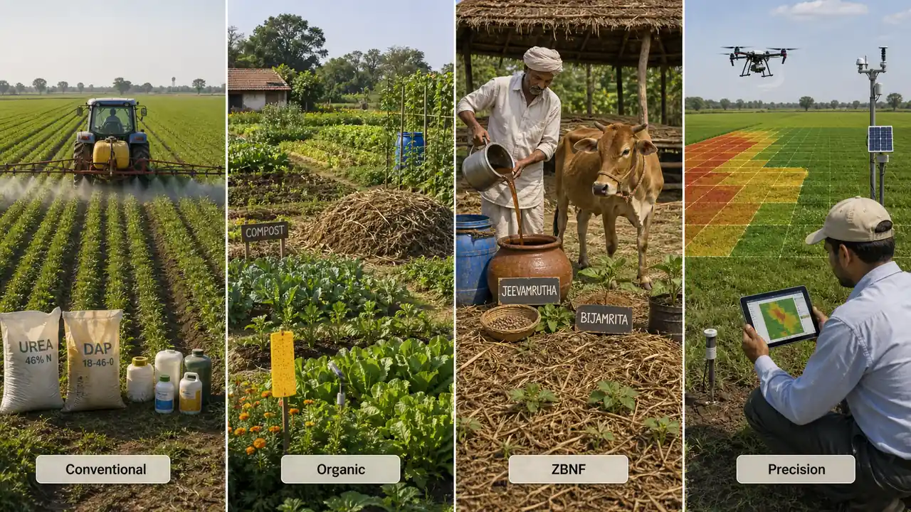 Four farm panels comparing conventional, organic, ZBNF, and precision farming through their typical field practices and input styles