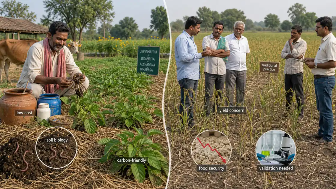 Balanced comparison of arguments for and against ZBNF, showing low cost and soil biology benefits versus yield and validation concerns