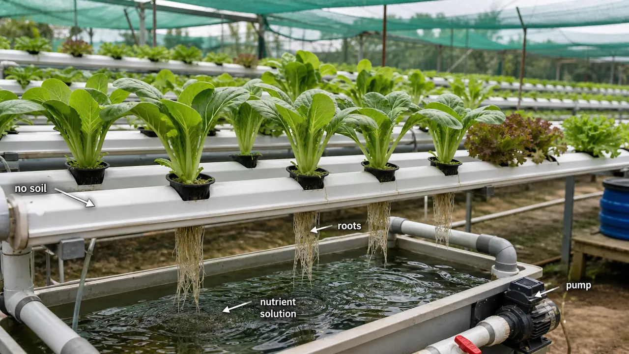 Nutroponics system showing leafy vegetables growing without soil in channels fed by a circulating nutrient solution and pump