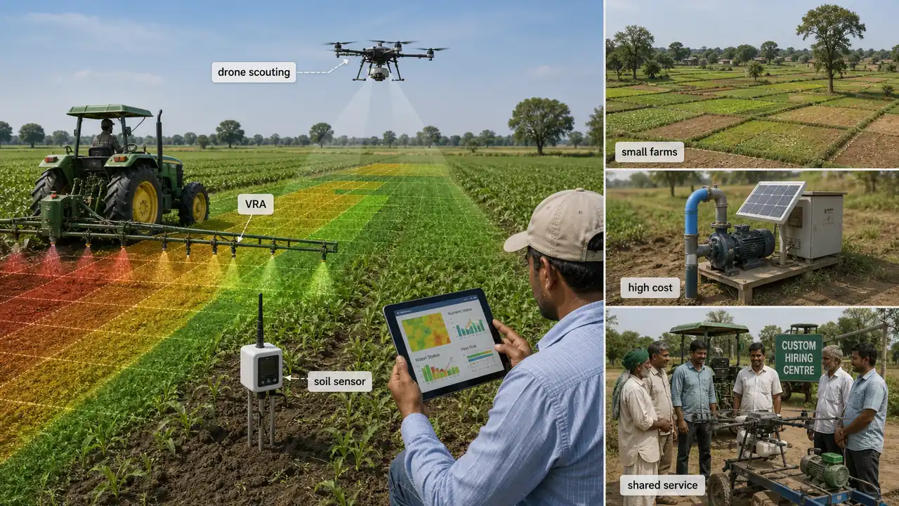 Precision farming uses and Indian challenges shown through variable-rate application, drone scouting, soil sensors, fragmented small farms, high cost, and shared service models