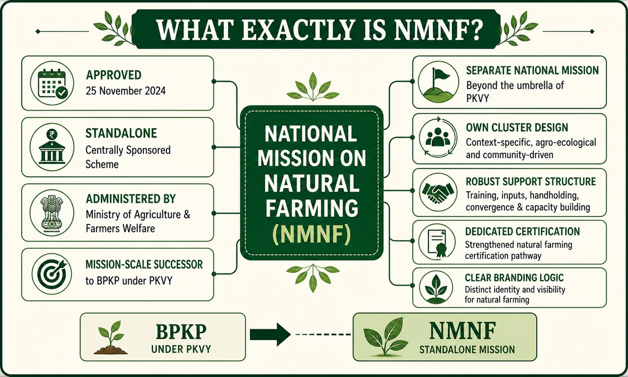 NMNF concept board showing approval date, standalone scheme status, ministry, BPKP to NMNF transition, and dedicated mission features