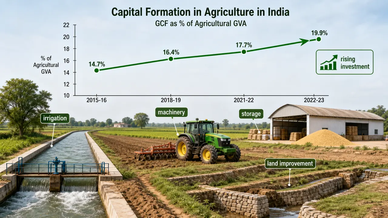 Capital formation in agriculture showing irrigation, machinery, storage and the rise of GCF as percent of agricultural GVA