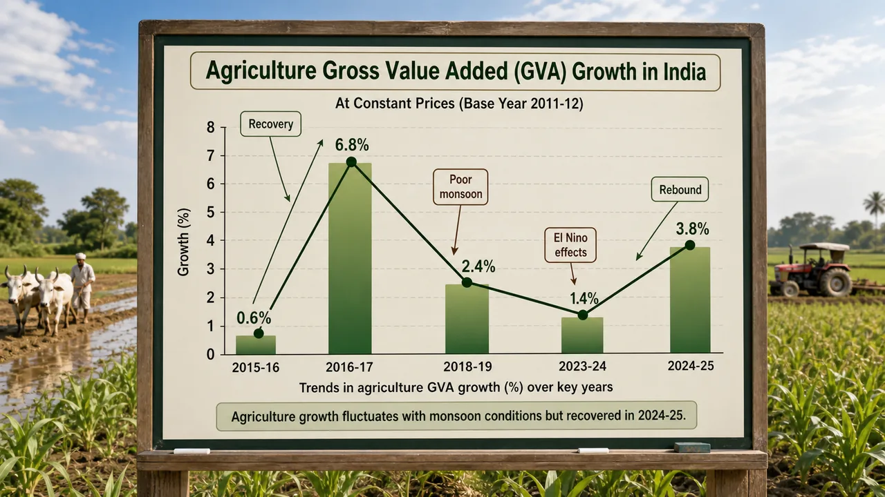 Agriculture GVA growth trend in India showing monsoon-linked fluctuations and 2024-25 rebound