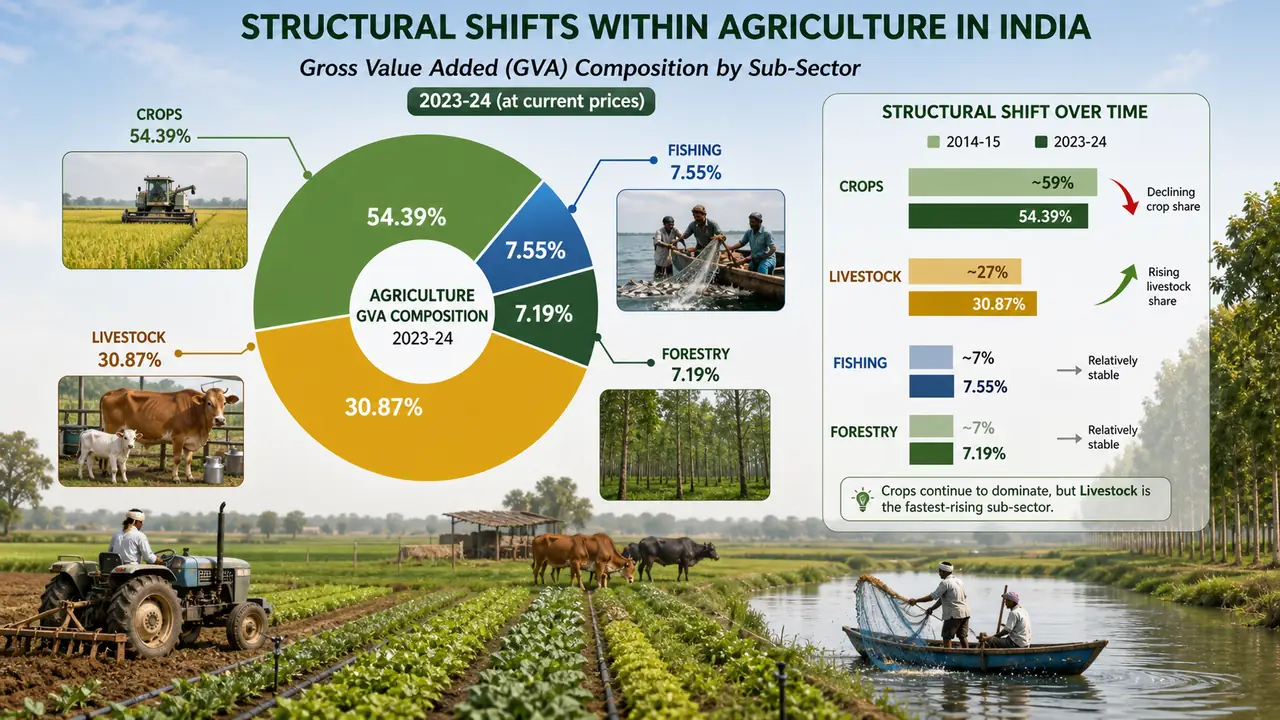 Agriculture GVA composition in India showing crops, livestock, fishing and forestry shares with rising livestock importance