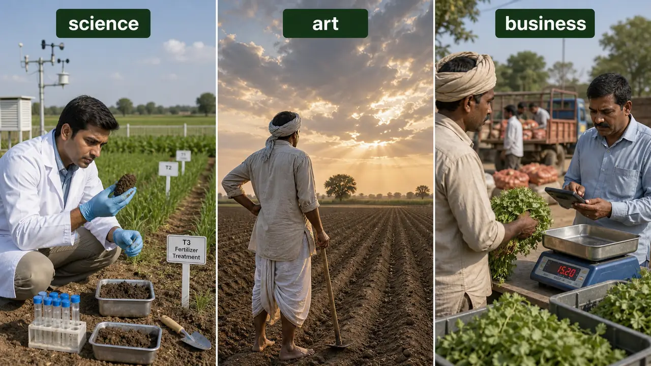 Agriculture as science, art, and business shown through field experimentation, farmer judgement, and farm-market decision making