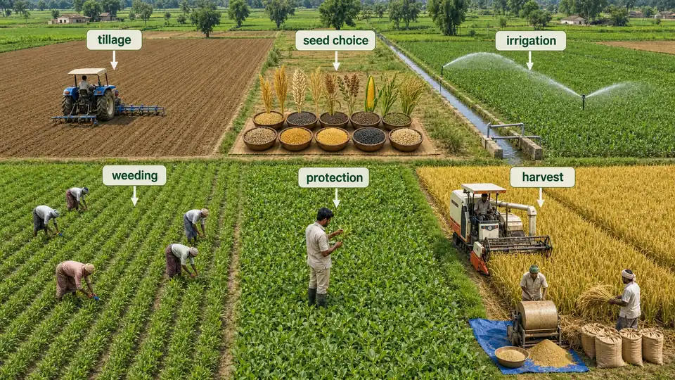 Basic principles of agronomy showing tillage, seed choice, irrigation, weeding, plant protection and harvesting in one field scene