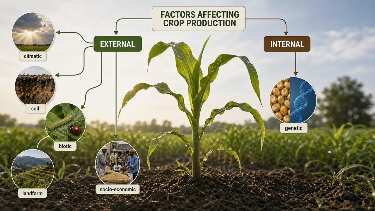 Factors affecting crop production classified into external climatic, soil, biotic, landform, socio-economic factors and internal genetic factors