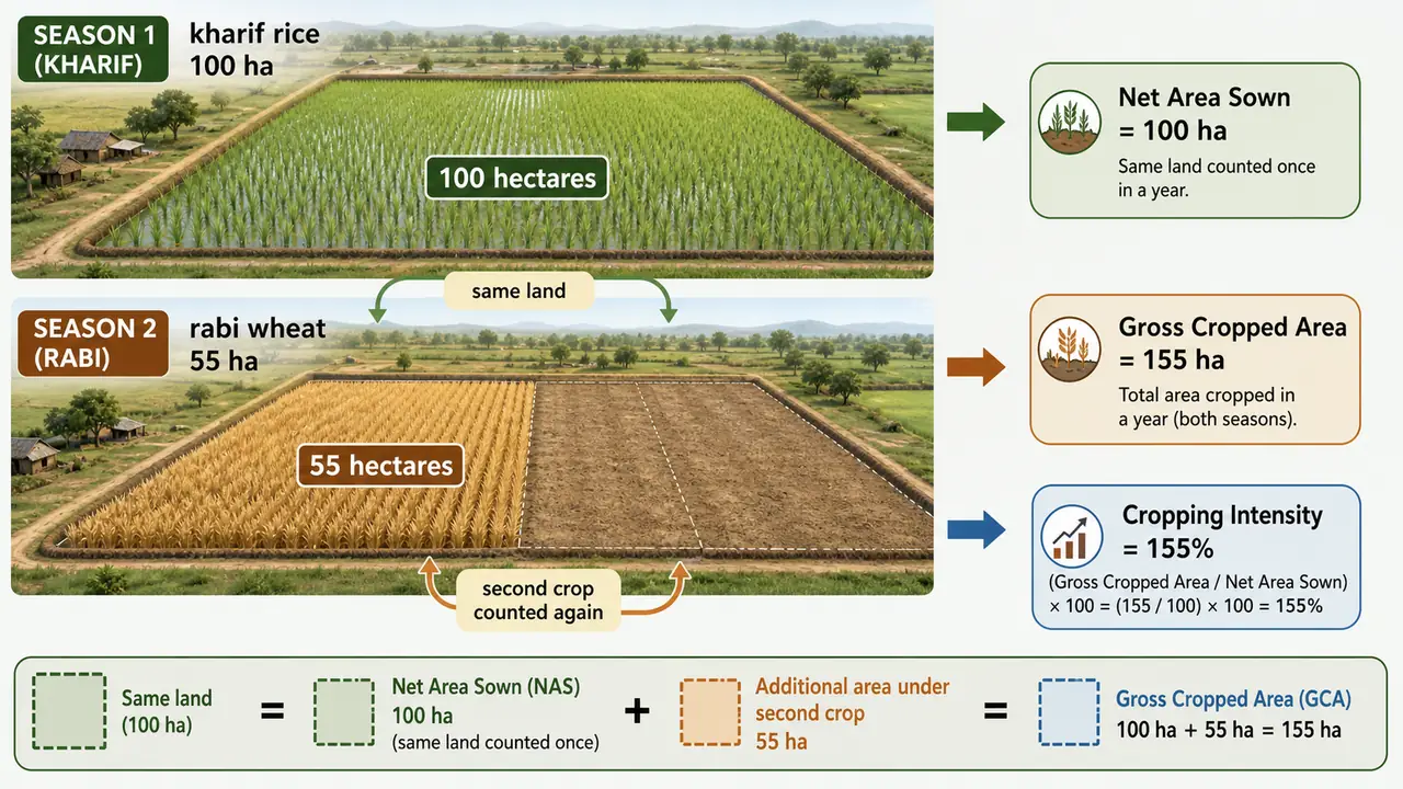 Worked example of net area sown gross cropped area and cropping intensity using kharif rice and rabi wheat on the same farm land