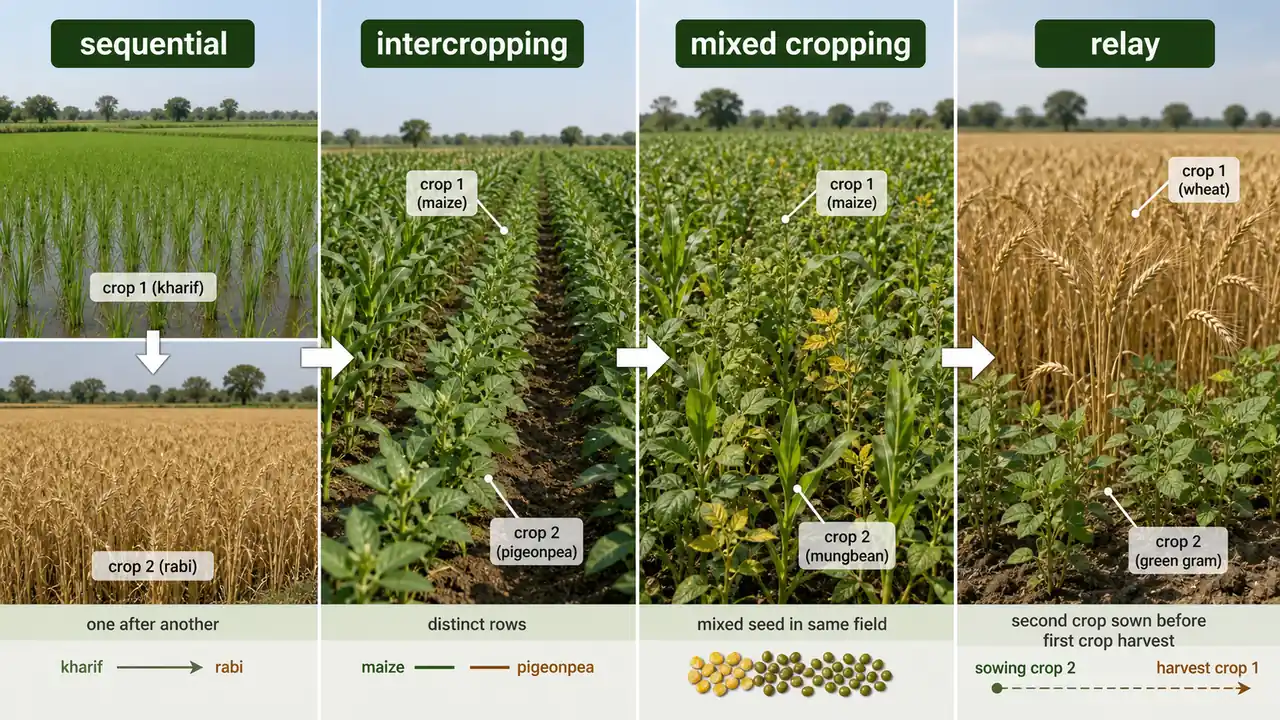 Cropping system types comparison showing sequential cropping, intercropping, mixed cropping, and relay cropping