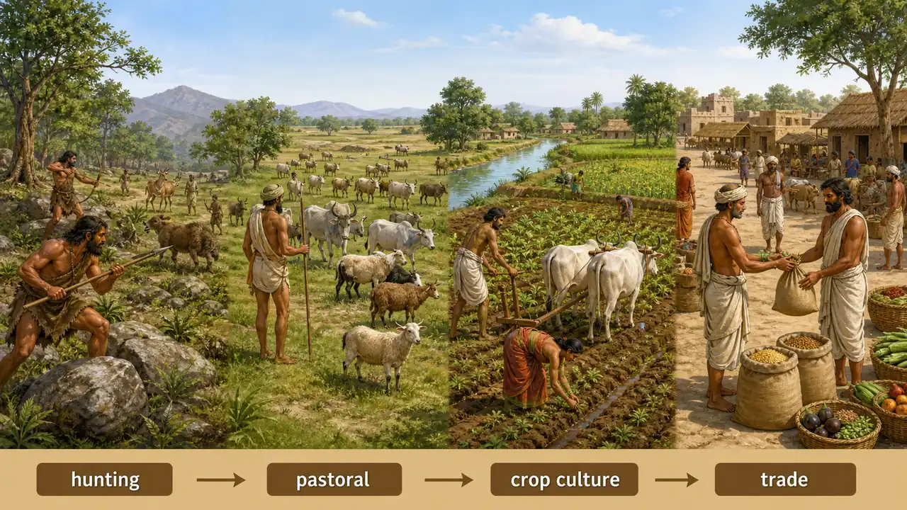 Evolution of agriculture from hunting to pastoralism, settled crop culture and trade in an educational sequence