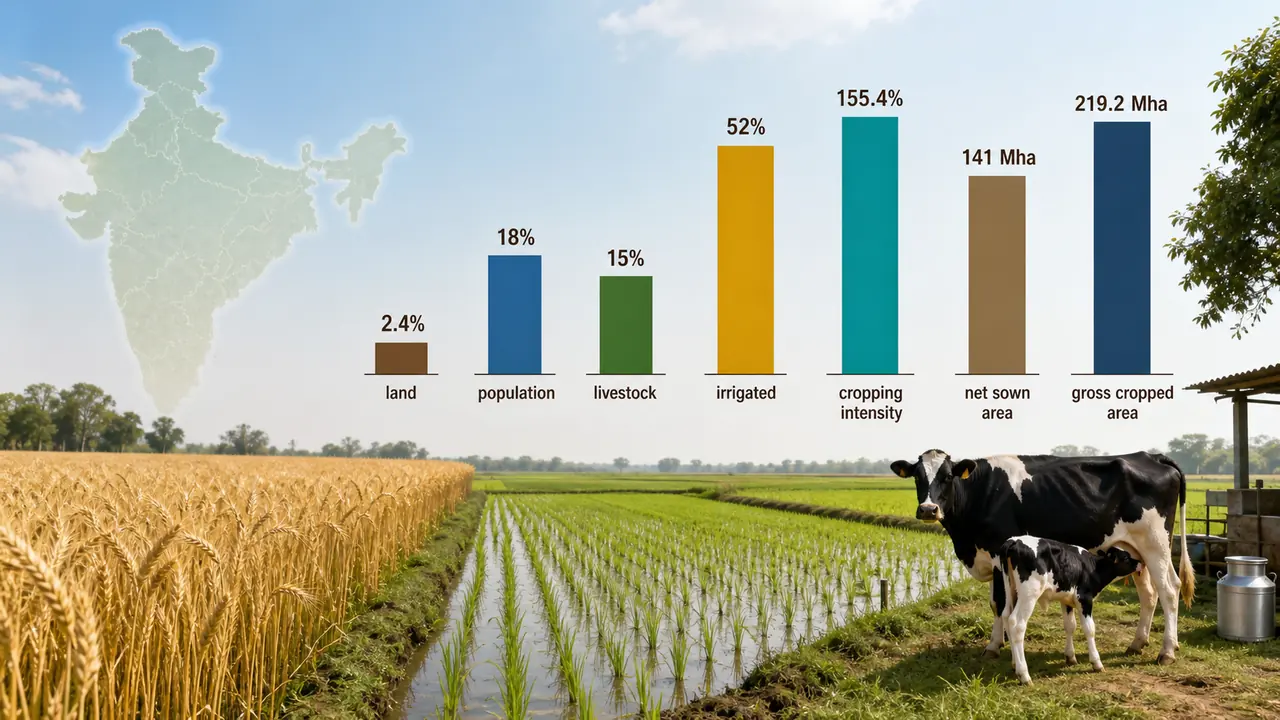 India agricultural profile overview showing land share, population pressure, livestock share, irrigated area and cropping intensity in agronomy