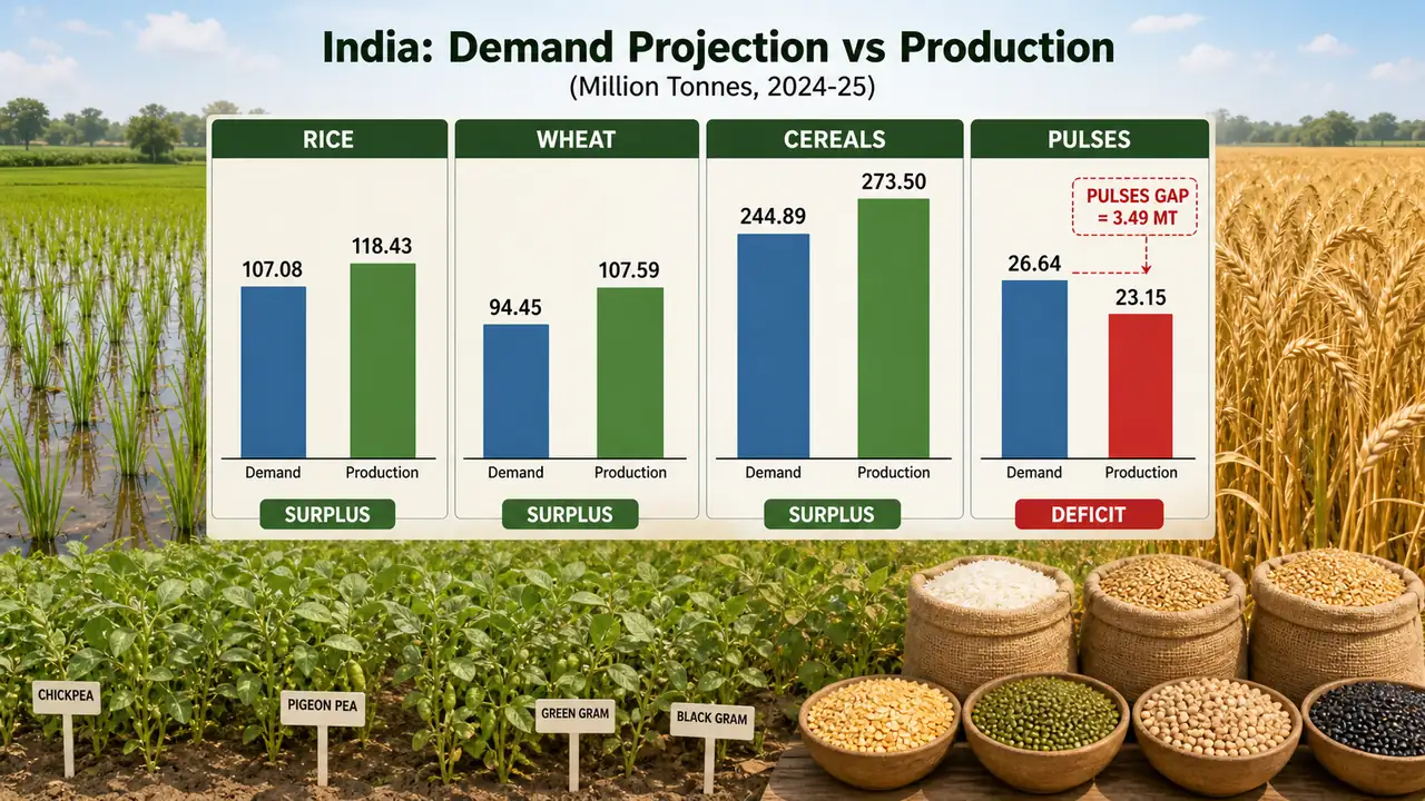 India demand versus production comparison for rice wheat cereals and pulses highlighting the pulses deficit