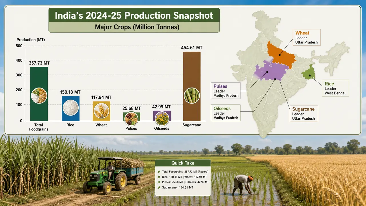 India agriculture production snapshot for 2024-25 showing major crop output and leading states for rice wheat pulses oilseeds and sugarcane