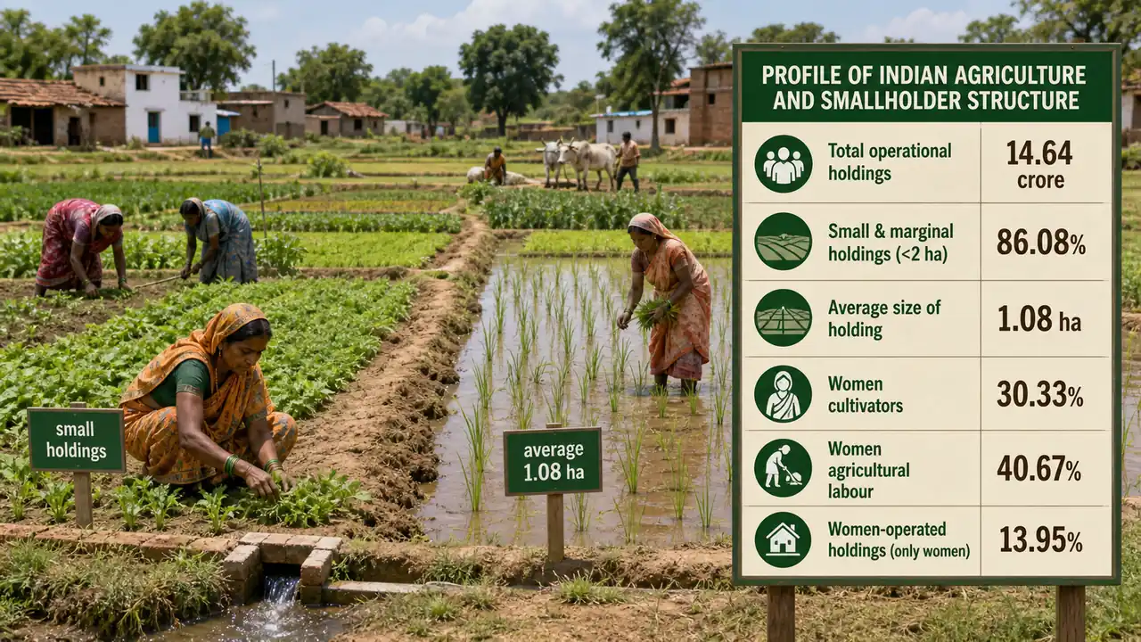 Indian agriculture smallholder structure showing high share of small holdings and major role of women in farm labour