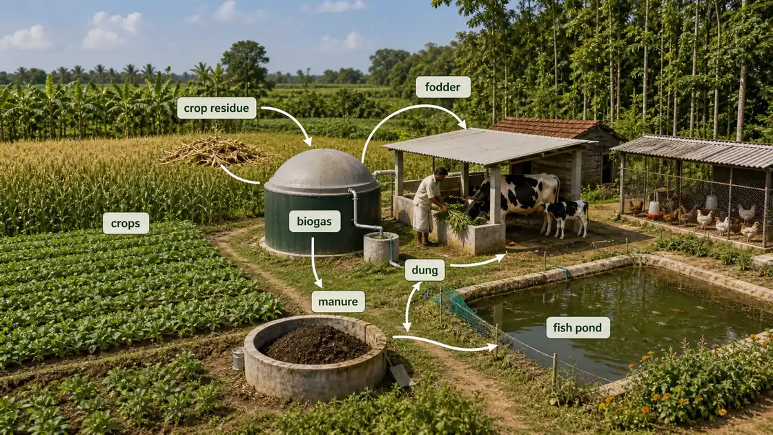 Integrated farming system showing crops, dairy, poultry, biogas, manure recycling, and fish pond links on a small farm